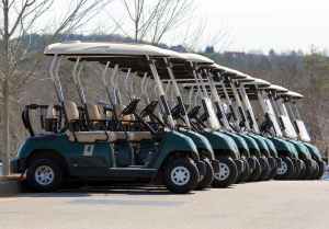 Green golf carts parked in a straight line